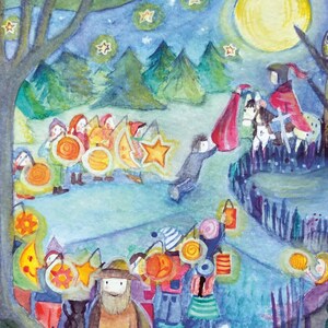 Könnte beinhalten: Aquarellillustration einer nächtlichen Waldszene mit Figuren, Sternen und einem Vollmond. Charaktere mit Schilden und Laternen versammeln sich in der Nähe eines Lagerfeuers. Eine Person auf einem Pferd und eine andere Person sind zu sehen.