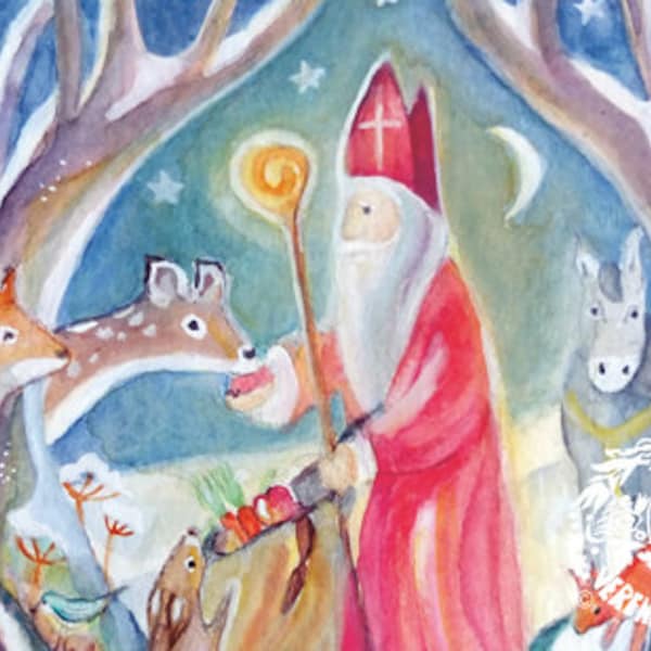 Nikolaus im Wald/ Postkarte für Kinder / Jahreszeitentisch/ Aquarell handgemalt