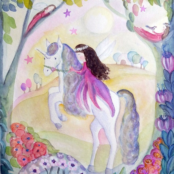 Poster für Kinder *Einhorn und die elfe */ Aquarell handgemalt /Geschenk /Deko