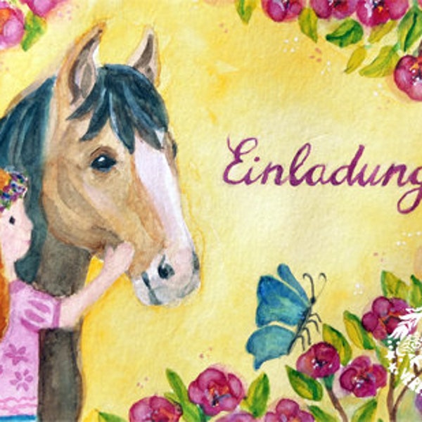 8x Einladungskarte Mädchengeburtstag Pferde /  Aquarell / handgemalt