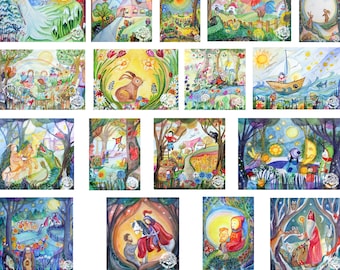 Jahres Postkartenset / Jahreszeitentisch / Jahresfeste/ Monatskarten durch das ganze Jahr / Kinder/ Aquarell handgemalt/ waldorfinspiriert