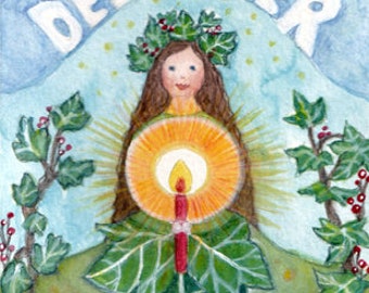 Aquarel ansichtkaart voor kinderen *Ivy*/seizoenstabel/maandkaart december/handgeschilderd Waldorf-geïnspireerd