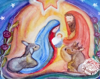 Mary and Joseph / Christmas postcards for children / Seasonal table Christmas / Watercolor hand-painted