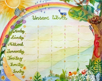 Weekly plan laminated for children *Spring*/ Homeschooling/ Family plan/ Gift/ Wall decoration / Watercolor hand-painted print Print