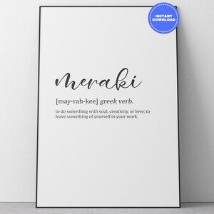 Meraki Definition Quote Printable Wall Art | Digital Download Inspirational Decor | Soul Creativity Love Black and White Poster for Home