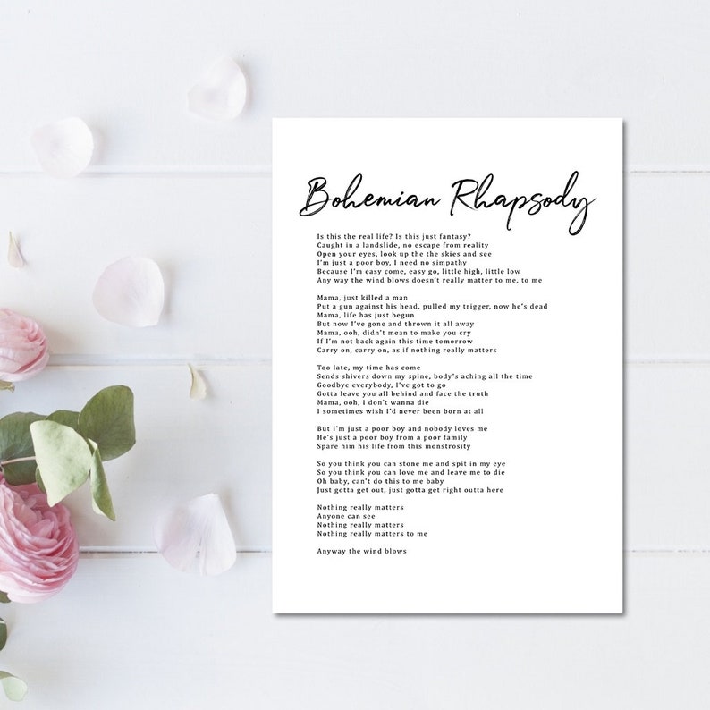Bohemian Rhapsody, Freddy Mercury, Queen Lyrics Print, Printable Queen ...