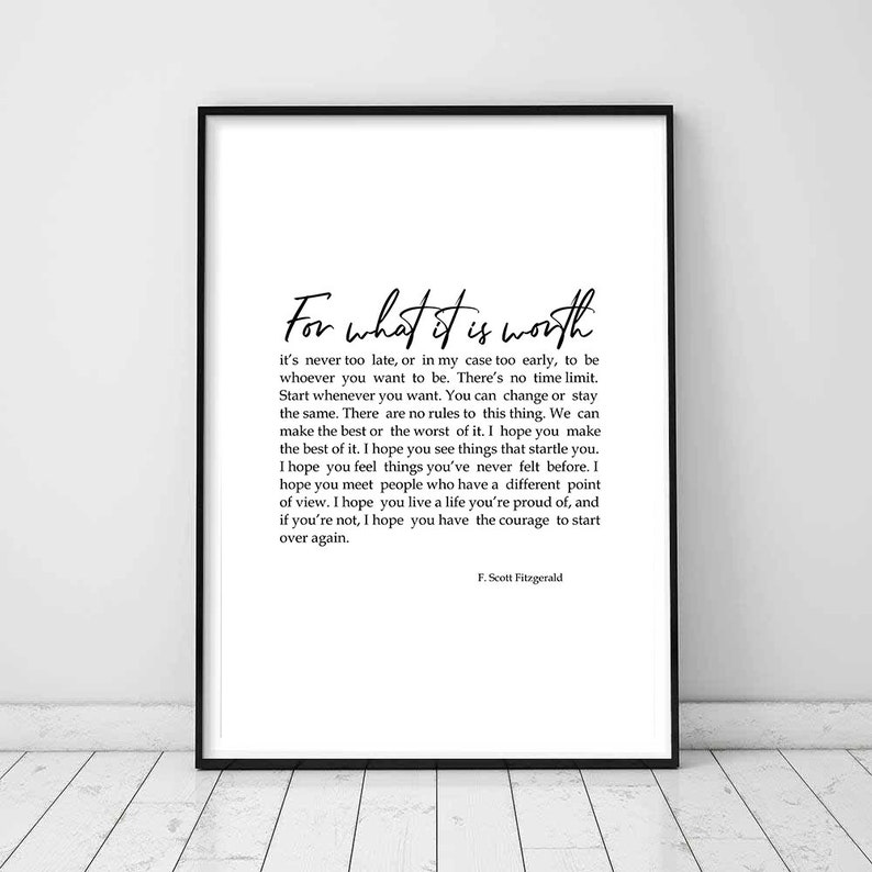 For What It is Worth F Scott Fitzgerald Literary Quote Etsy