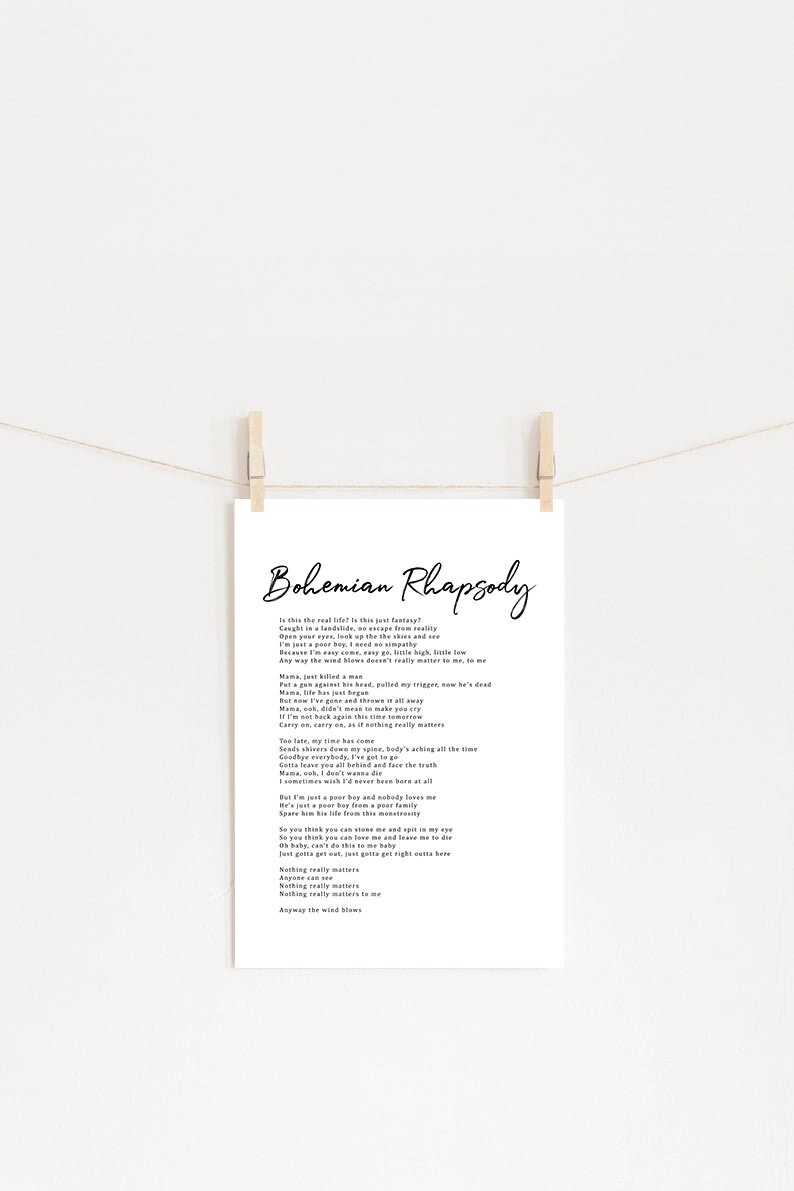Bohemian Rhapsody, Freddy Mercury, Queen Lyrics Print, Printable Queen ...