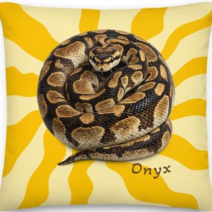 May include: Square throw pillow featuring a coiled snake with brown and tan markings. The snake is centered on a yellow background with a sunburst design. The word "Onyx" is printed in a brown script font.