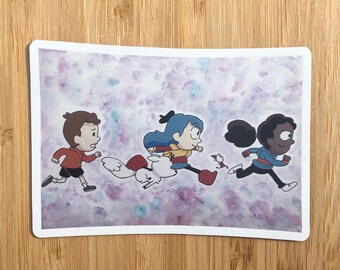 Könnte beinhalten: Eine Aquarell-Illustration von vier Figuren, die auf einem lila und blauen Hintergrund laufen. Die Figuren sind ein Mädchen mit blauen Haaren, ein Mädchen mit braunen Haaren, ein Junge mit braunen Haaren und ein weißer Hund.