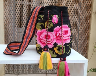 Mochila Wayuu bag in a single thread, Special Design of pink roses on a black background. Unique model bag. Premium Quality
