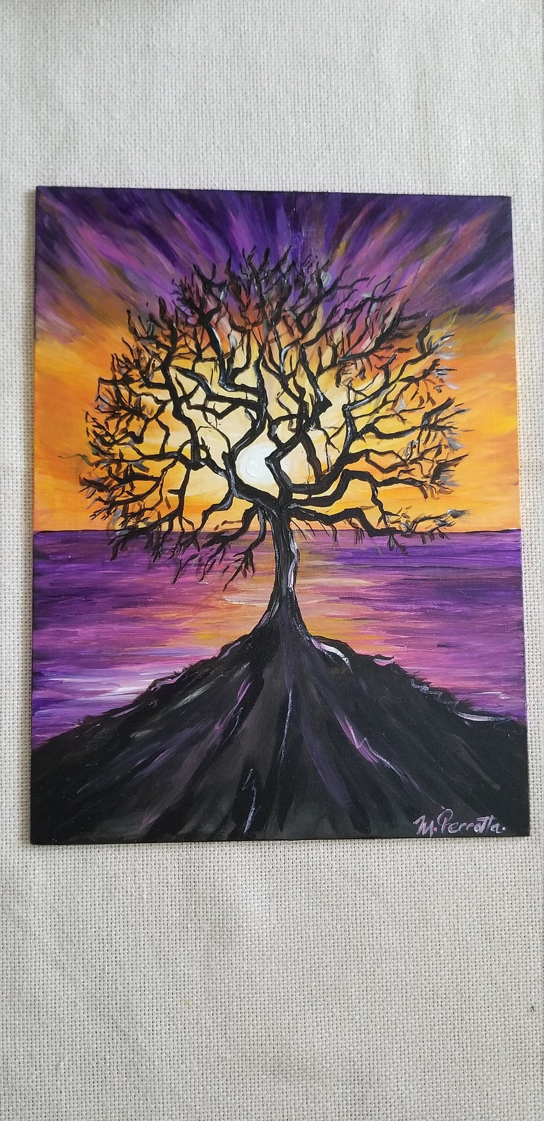 Tree silhouette and sunset painting Purple and yellow ...
