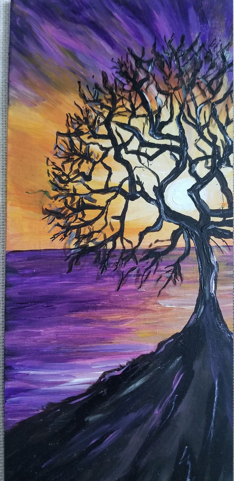 Tree silhouette and sunset painting Purple and yellow sunset Etsy