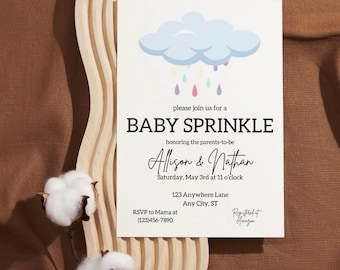 May include: A white card with a blue cloud and colourful raindrops. The text reads "Please join us for a Baby Sprinkle honouring the parents-to-be Allison & Nathan Saturday, May 3rd at 11 o'clock 123 Anywhere Lane Any City, ST RSVP to Mama at (123)456-7890 Registered at Amazon"