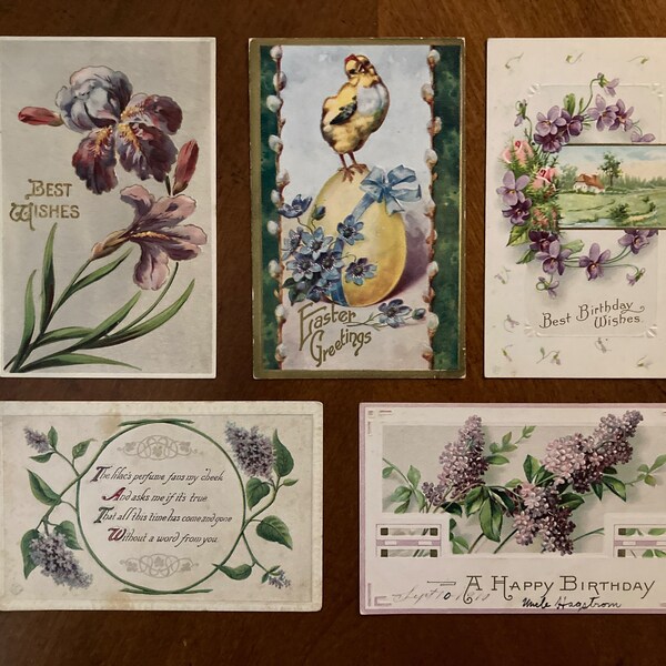 Vintage Set of 5 Postcards Happy Birthday Spring Flowers Lilacs Iris Violets Junk Journal Supplies Antique Ephemera