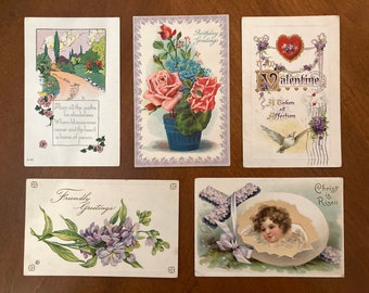 Vintage Set of 5 Postcards Birthday Spring Flowers Easter Valentines Junk Journal Supplies Antique Ephemera