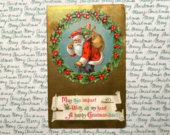 Antique 1910 Santa Claus Christmas Wreath Postcard Vintage Ephemera Holiday Decor