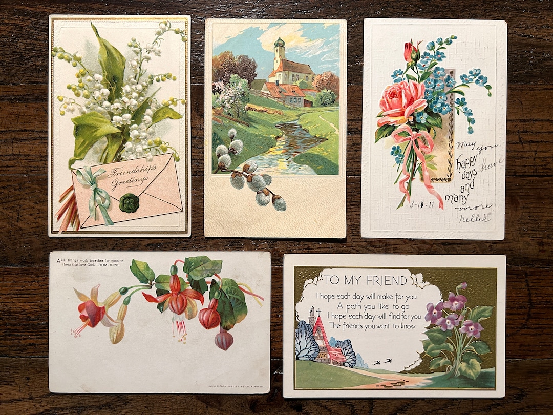 Vintage Set of 5 Postcards Friendship Spring and Summer Flowers Antique ...