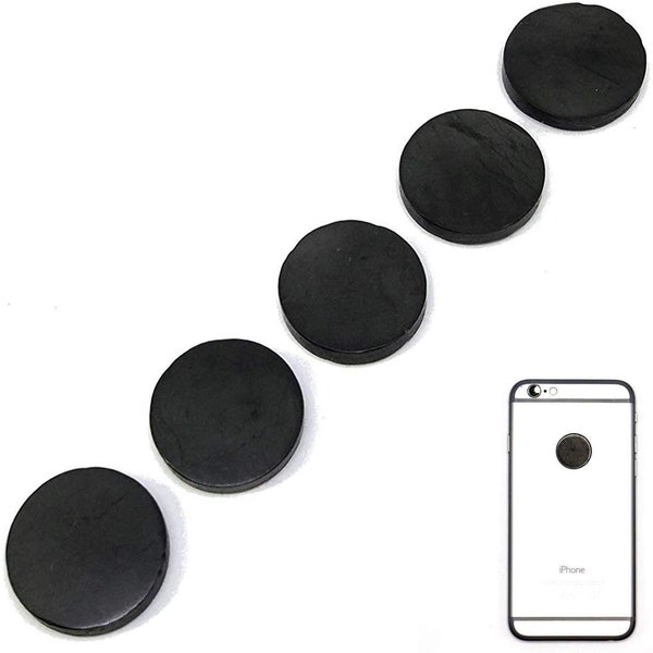 Pachamama Essentials Polished Shungite Mobile Phone Round Plates, Set of 5, Natural Anti-Radiation Protection Stickers for EMF/EMR 5G