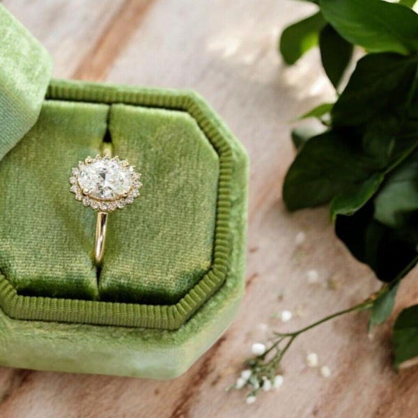 Vintage Oval Lab Grown Diamond Engagement Ring: 14K Gold Floral Halo Bridal Jewelry For Women