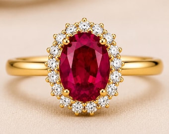 Oval Ruby Halo Ring, Ruby Engagement Ring, 9x7 Ruby Ring, Diamond Halo Ring, 14K Gold Promise Ring, July Birthstone Jewelry,Anniversary Gift