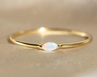 Marquise Opal Wedding Band: 14k White Gold Stacking Ring