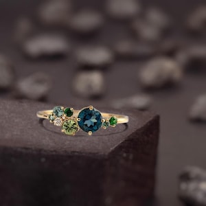 Blue Topaz Sapphire & Diamond Cluster Ring her, Multi Sapphire Engagement Ring, Mixed Stone Cluster Ring, Teal Sapphire Bridal Wedding Ring