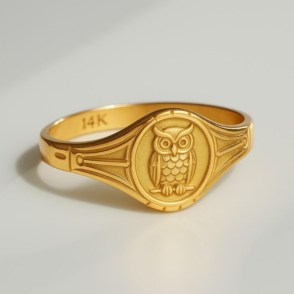 Gold Owl Ring, Owl signet ring, Pinky ring, 14K Wisdom Knowledge Jewelry, Animal Totem Signet Ring, 