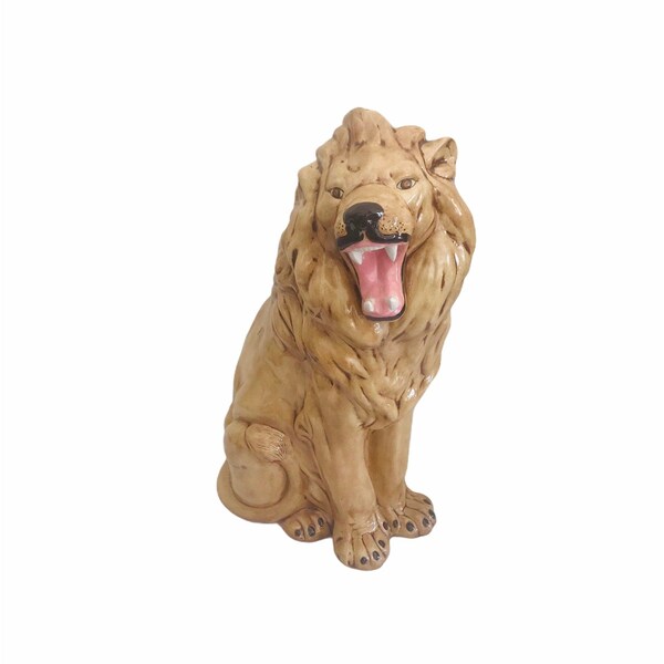 Large Vintage Ceramic Lion Seated Statue Sculpture