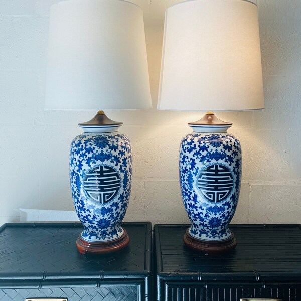 Large Vintage Chinese Blue & White Double Happiness Table Lamp - A Pair