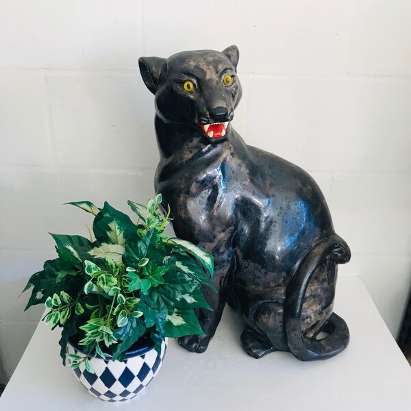 Vintage large Ceramic Fierce Black Panther Cat Statue Sculpture 22" CREST MOLD 73
