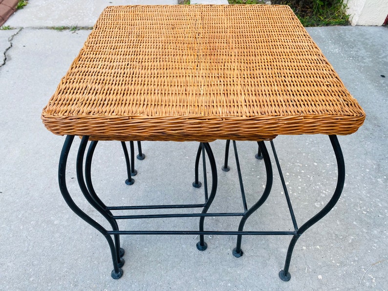 Vintage Mid Century Wicker and Metal Nesting Tables / Side Etsy