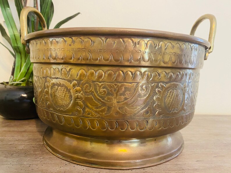 Large Embossed Brass Planter With Handles Vintage Brass Etsy