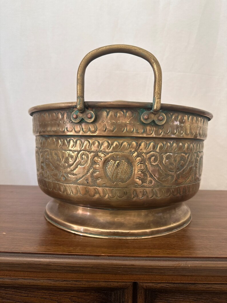 Large Embossed Brass Planter With Handles Vintage Brass Etsy