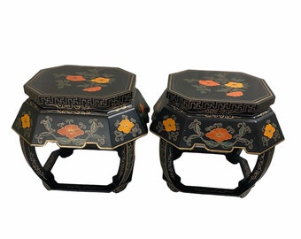 Antique Black Chinese Carved Hand Painted Barrel Circular Garden Stool - a Pair