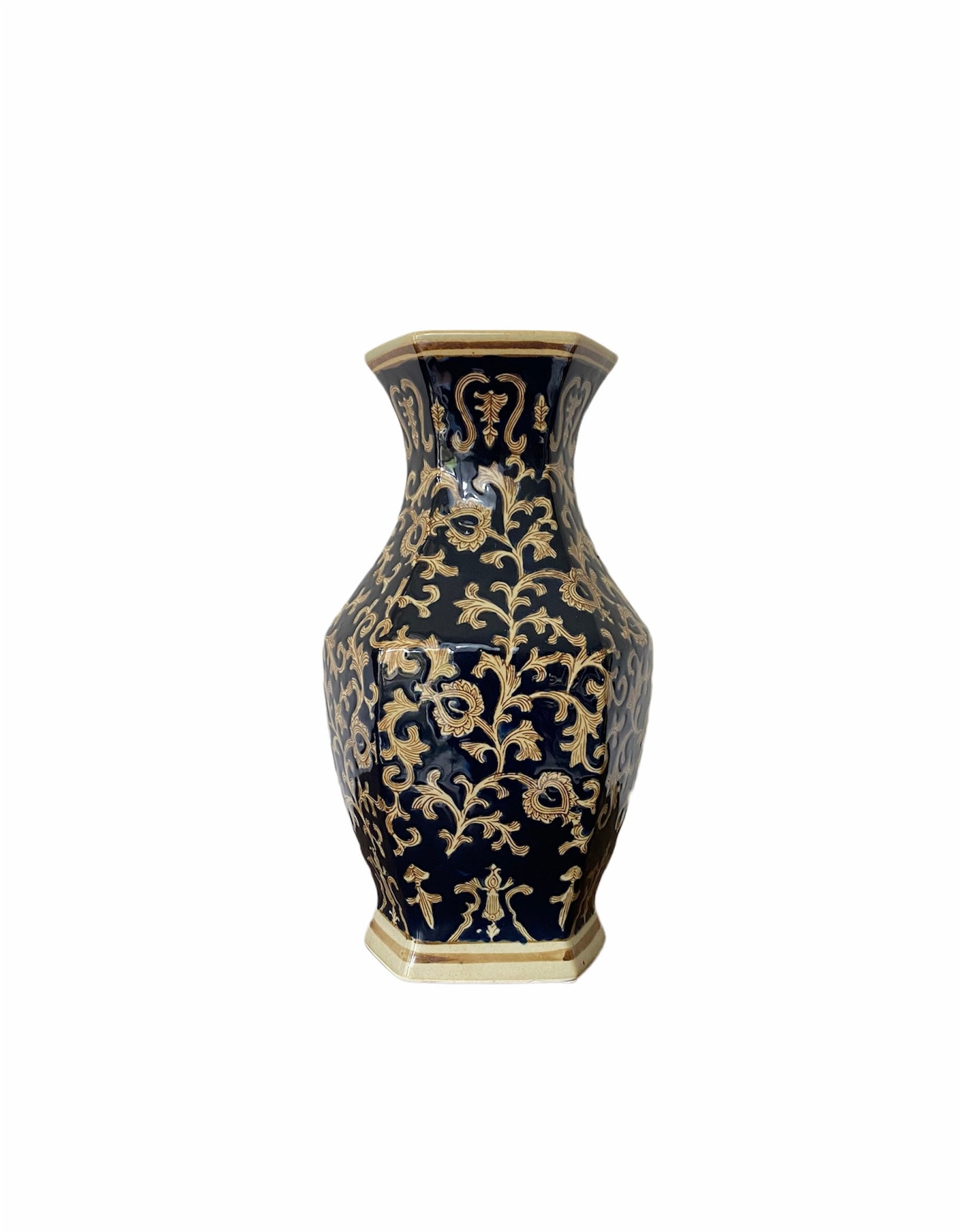 14h Antique Navy Blue Gold Hexagon Tall Vase Chinoiserie Etsy