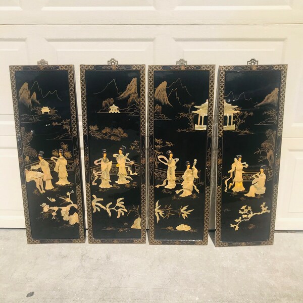 Oriental Black Lacquer Wall Panels Mother Of Pearl Geisha Girls Asian Art Lot ( Set of 4 )