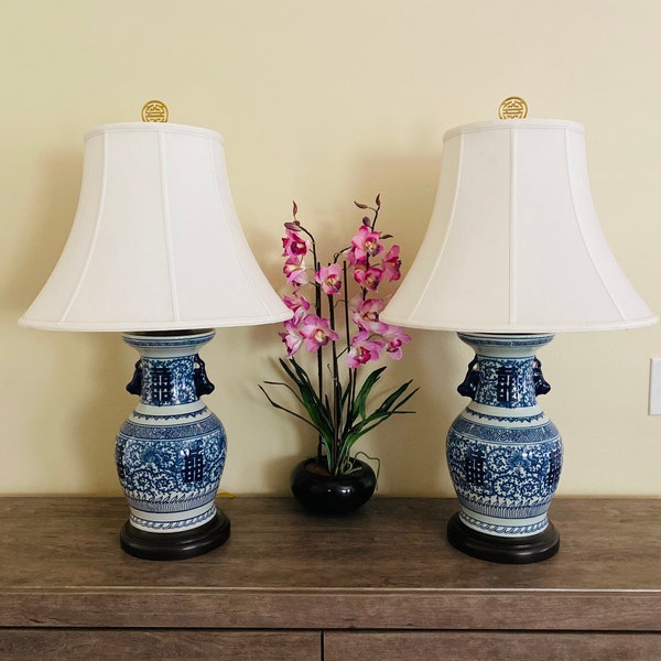 Large Asian Blue and White Double Happiness Porcelain Lamps - A Pair