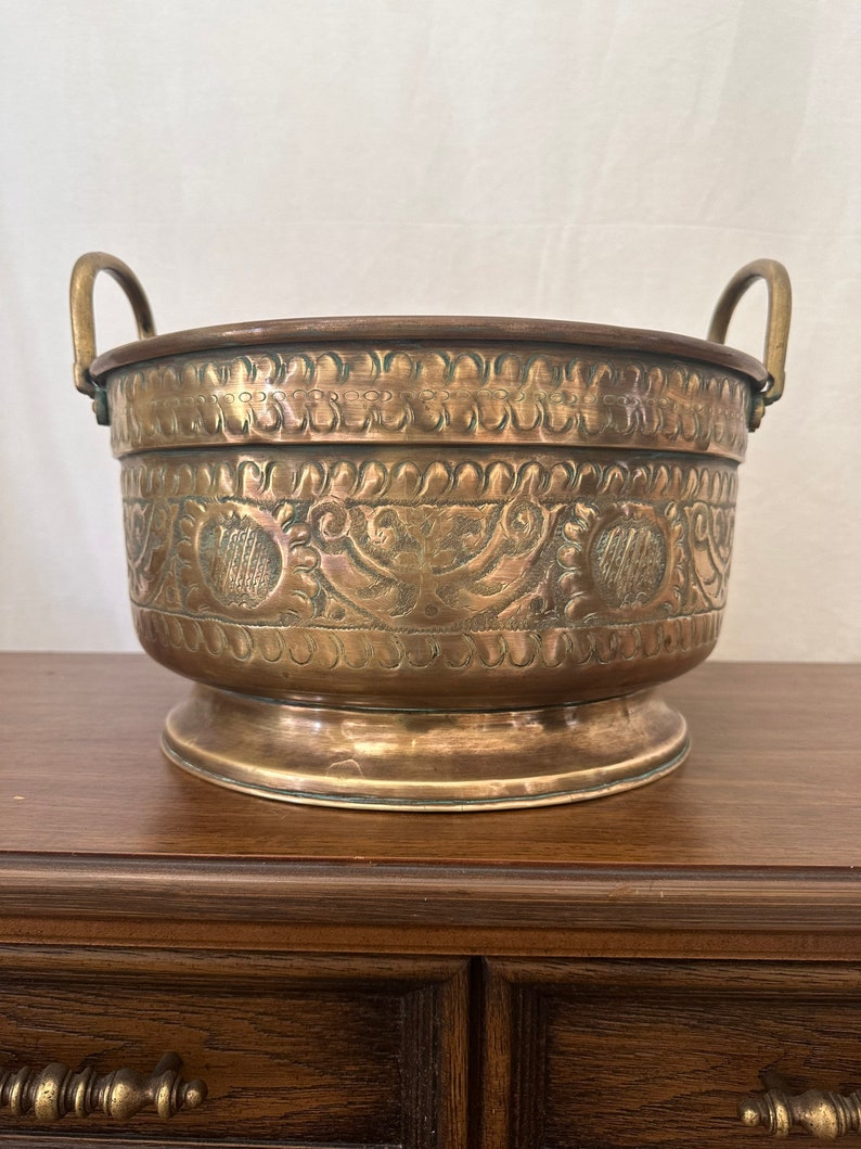 Large Embossed Brass Planter With Handles Vintage Brass Etsy
