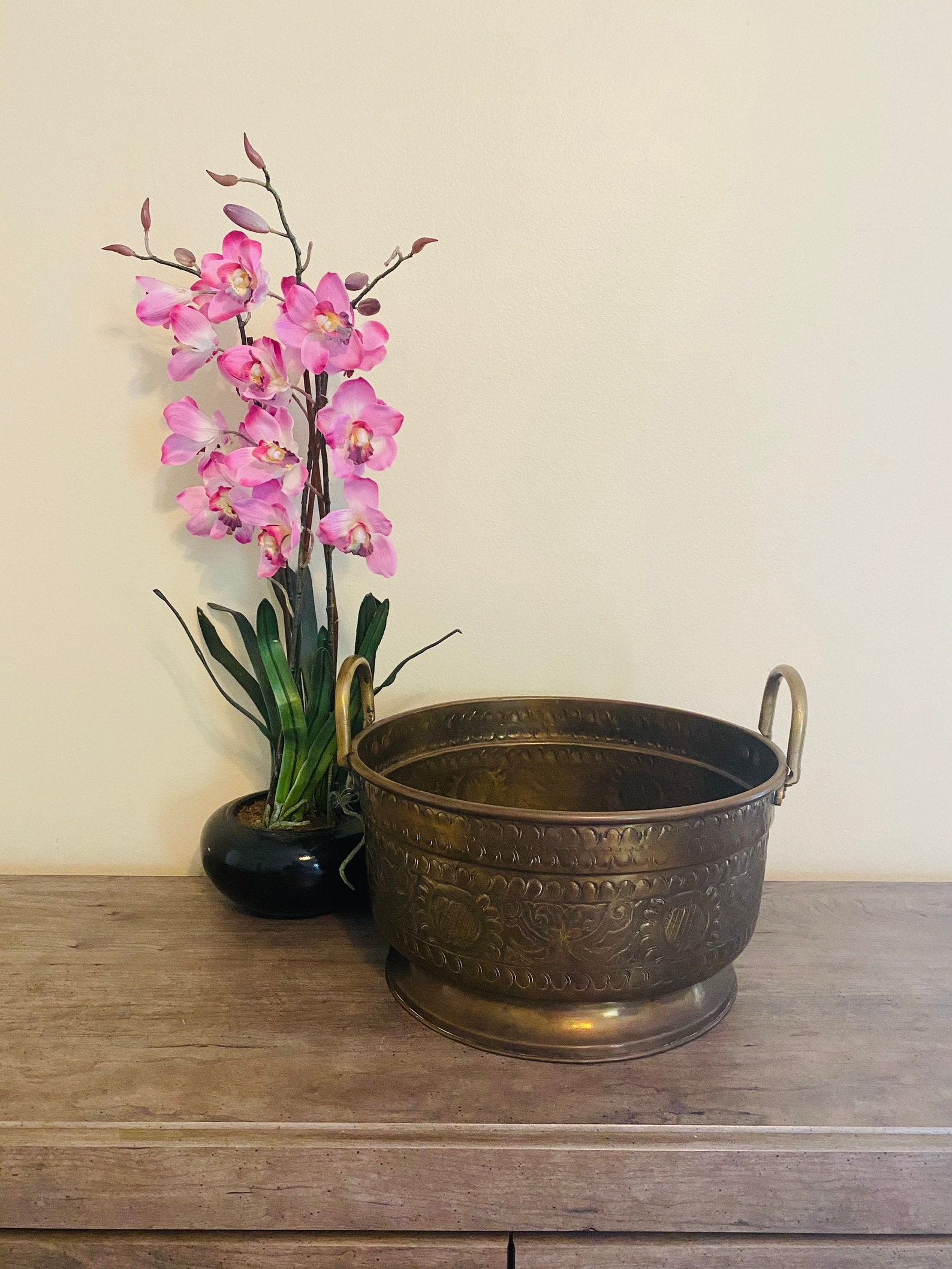 Large Embossed Brass Planter With Handles Vintage Brass Etsy