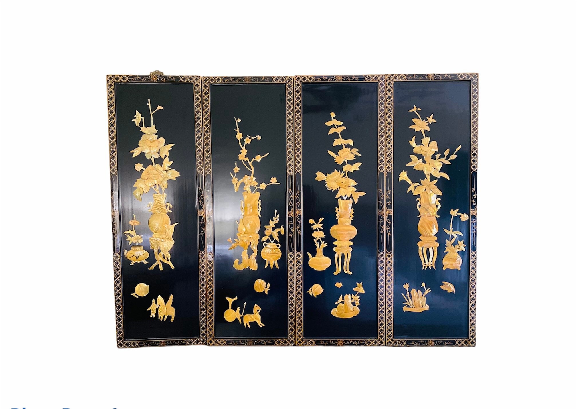 Oriental Black Lacquer Ornate Wall Panels Mother Of Pearl Four Etsy