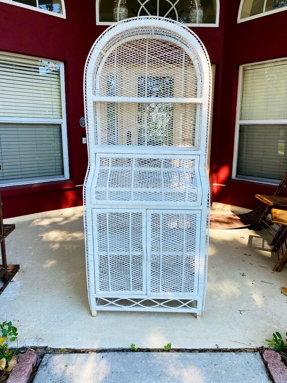 Vintage White Wicker Hutch//vintage Tall Rustic White Wicker Etsy