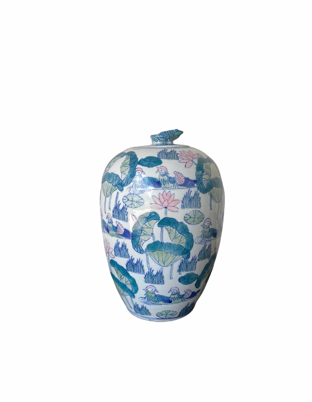 Vintage Blue Pink and Green Vase With Frog Lid, Chinese Ginger Jar
