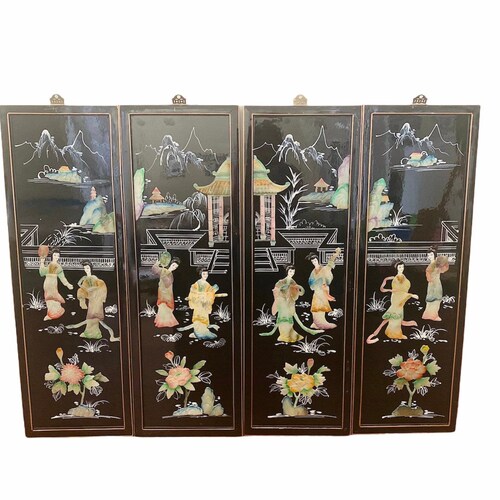 Vtg Large Oriental Mother of Pearl Black Lacquer Wall Panel Bird Flower 10 x 27 