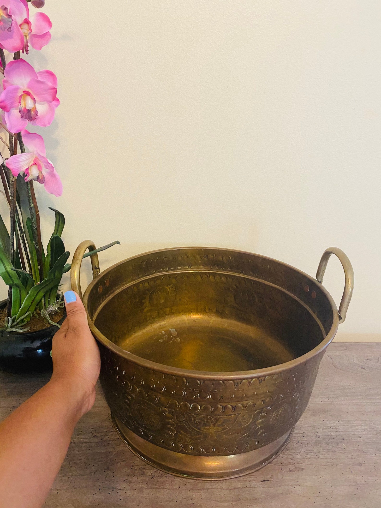Large Embossed Brass Planter With Handles Vintage Brass Etsy