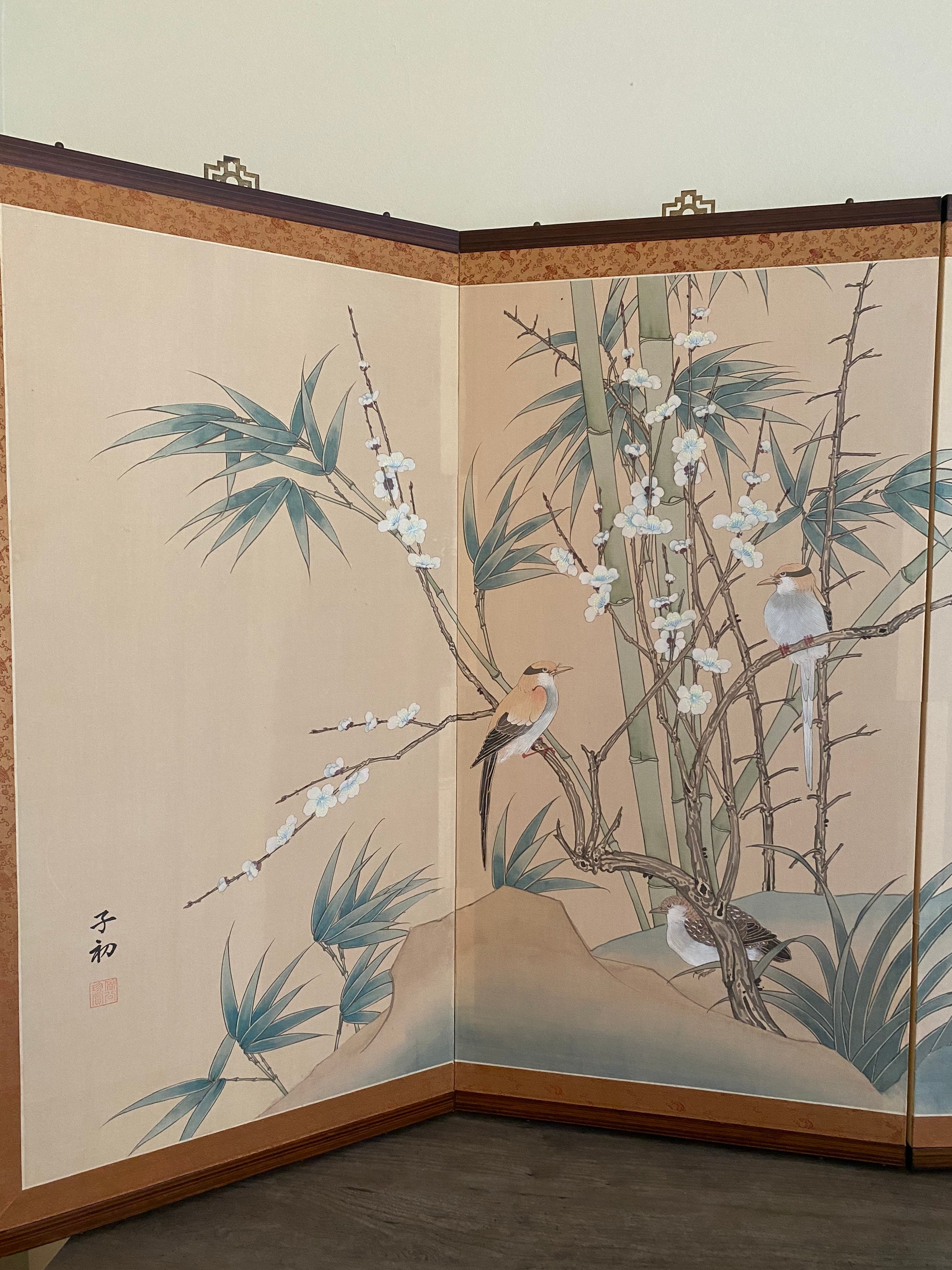 Chinese 4 Panel Vintage Silk Screen Painting Bamboo Cherry Etsy