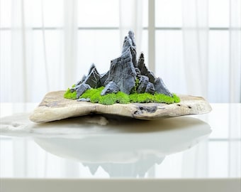 Mountain Landscape Art | Natural Stone Moss Decor | Rustic Wood Centerpiece | Alpine Home Office Sculpture