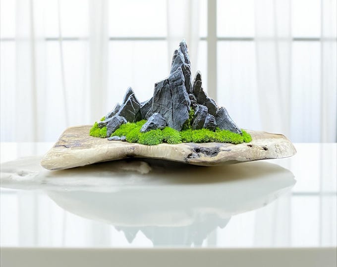 Featured listing image: Mountain Landscape Art | Natural Stone Moss Decor | Rustic Wood Centerpiece | Alpine Home Office Sculpture