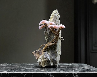 Handmade Bonsai Sculpture with Natural Stone and Preserved Roses