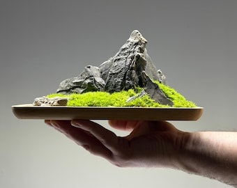 Mountain Landscape Art | Natural Stone Moss Decor | Rustic Wood Centerpiece | Alpine Home Office Sculpture